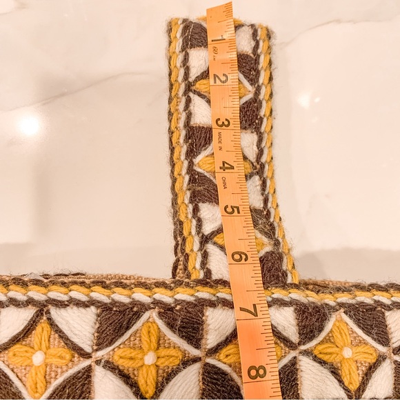 Vintage Handmade Burlap Embroidered Satchel Hand Bag Geometric Tan Brown Boho - Picture 15 of 15